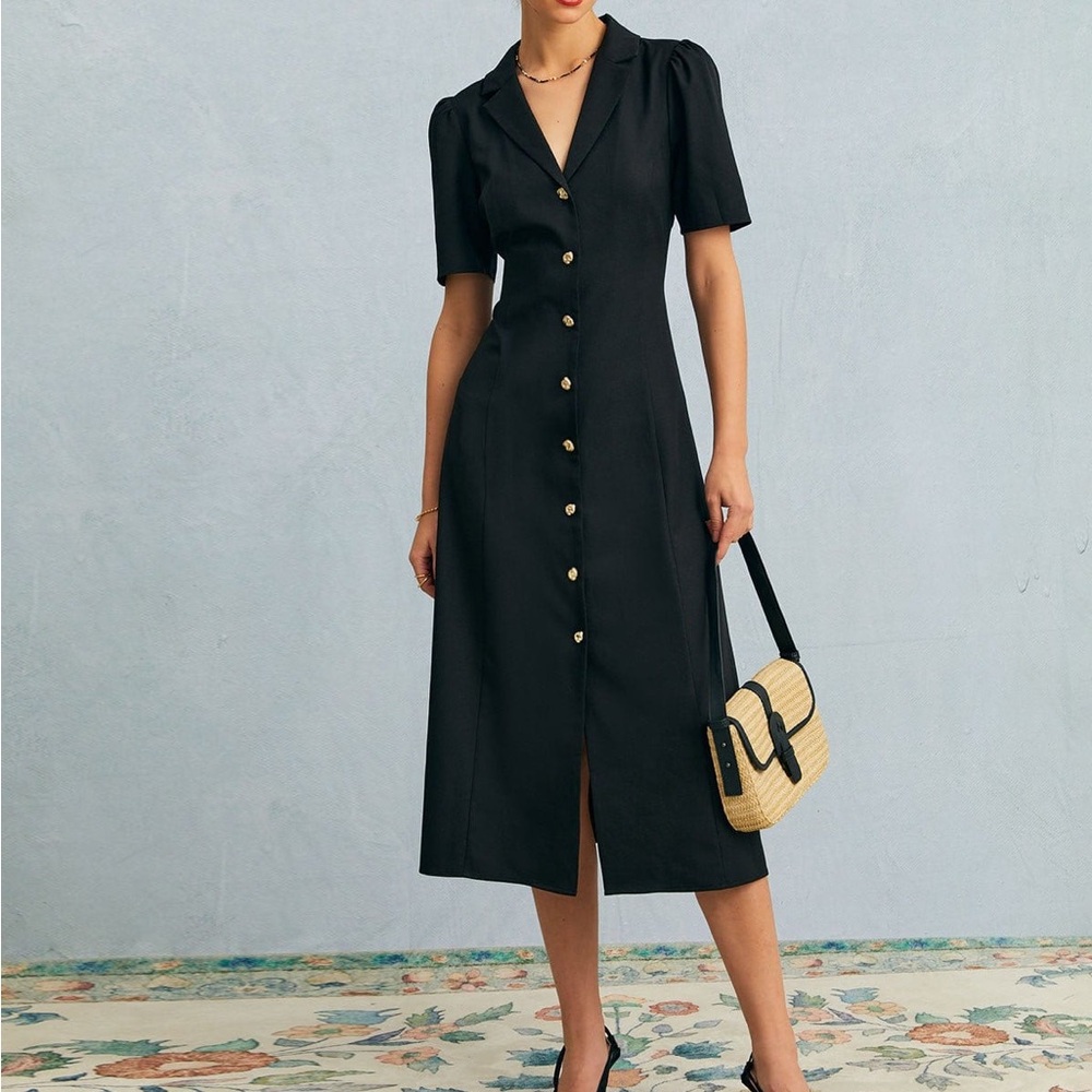 RIHOAS Classic Black Midi Dress with Buttons